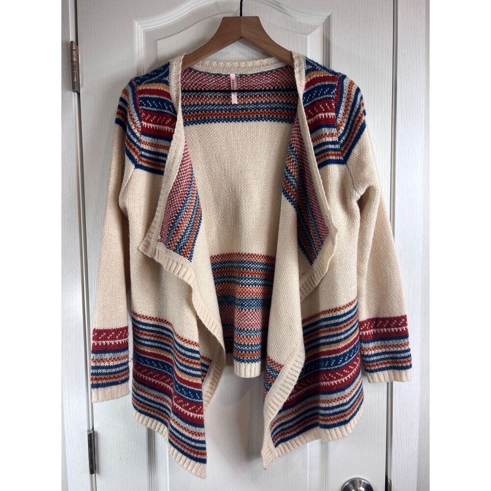 Ekklesia Women's Cardigan Sweater Cream Blue Orange Gold Stripe Size S / M
